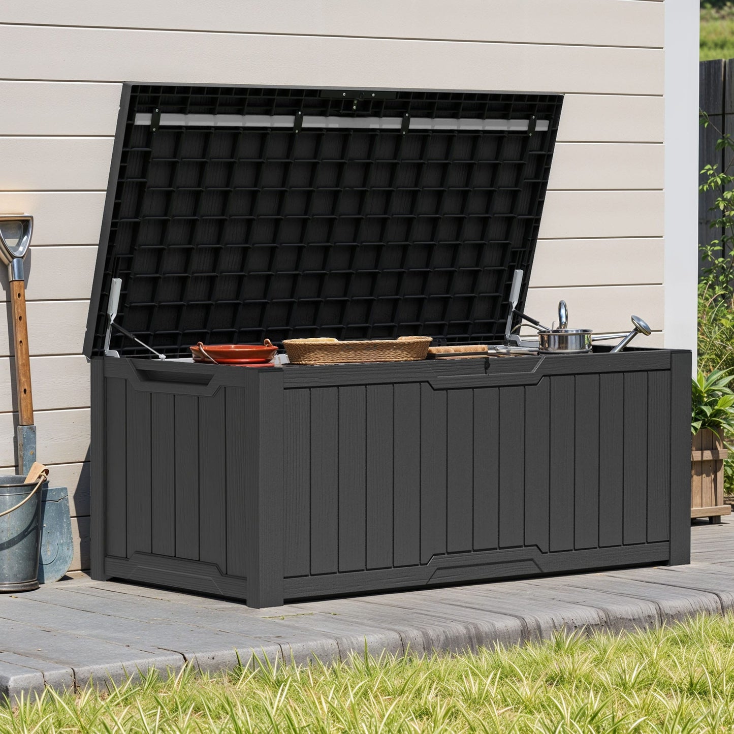 Coffre de terrasse verrouillable en résine résistante à l'eau, grande capacité (120-260 gallons).