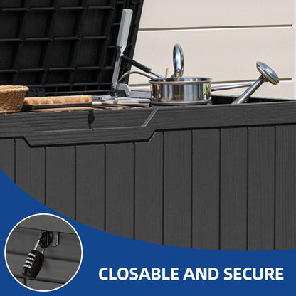 Coffre de terrasse verrouillable en résine résistante à l'eau, grande capacité (120-260 gallons).