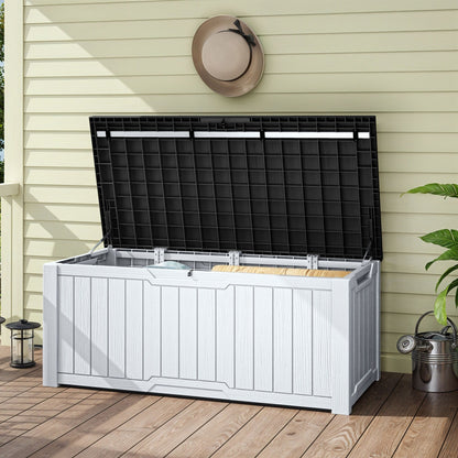 Coffre de terrasse verrouillable en résine résistante à l'eau, grande capacité (120-260 gallons).