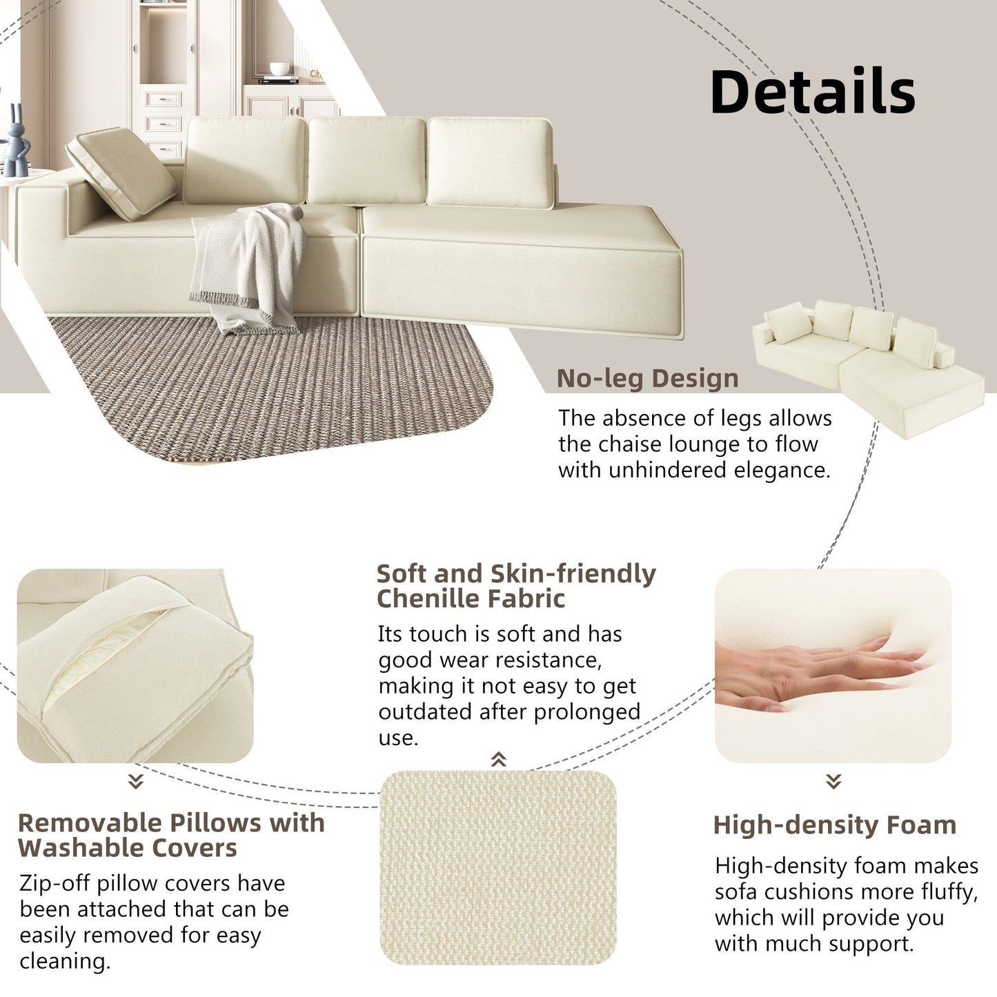 Canapé-lit/méridienne élégant et moderne de 125 cm, aux lignes épurées, pour salon, beige