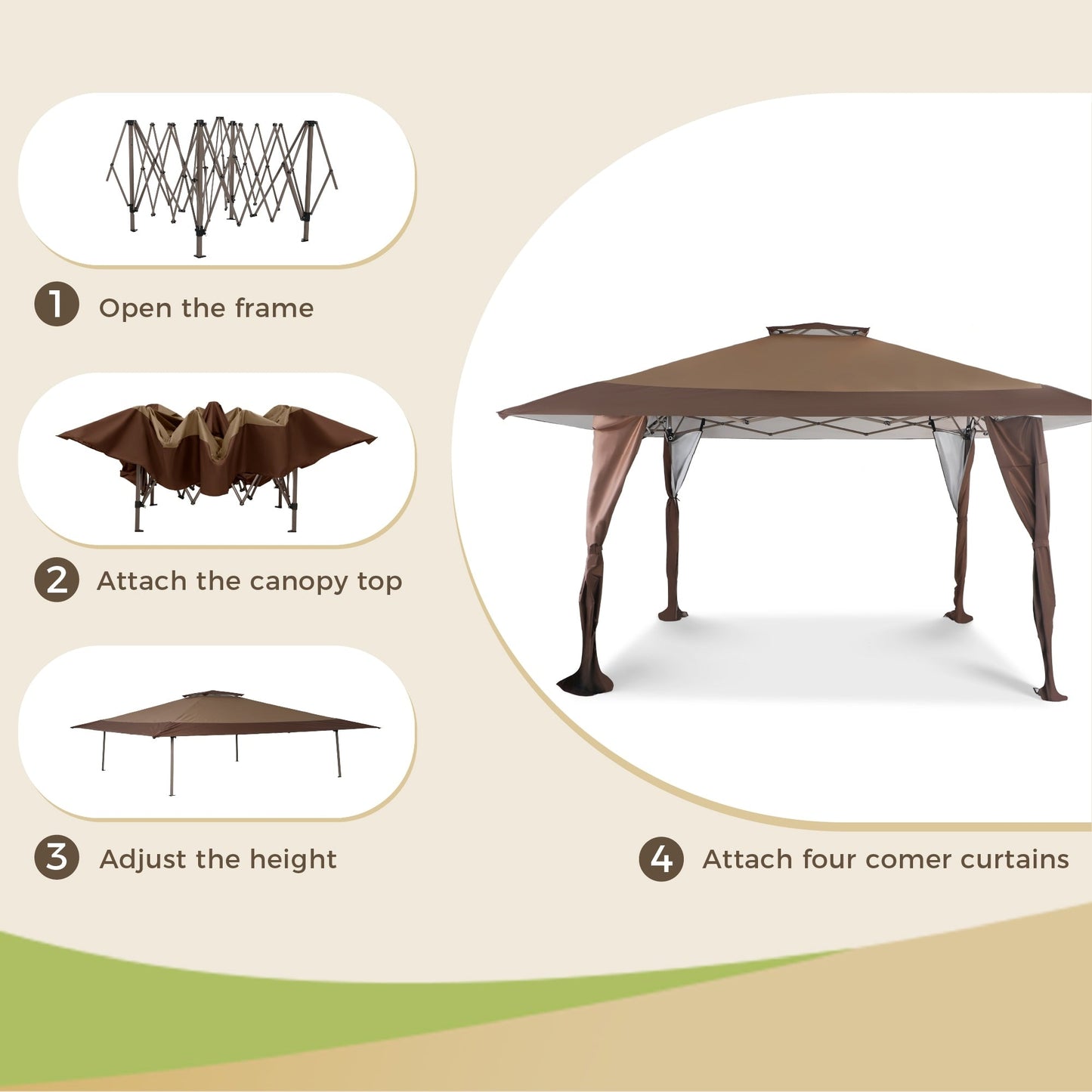 Toit de jardin pliable et renforcé de 4 m x 4 m avec élégant rideau d'angle - 4 m x 4 m