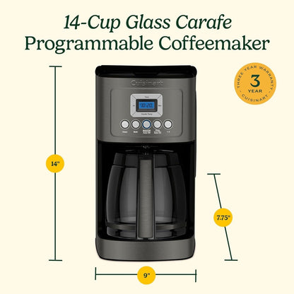Cafetière programmable 14 tasses, carafe en verre, contrôle de l'intensité du café, réglage de 1 à 4 tasses, acier inoxydable noir