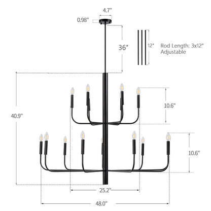 Lustre minimaliste à 15 lumières, style chandelier, 2 niveaux, design ancien - 48