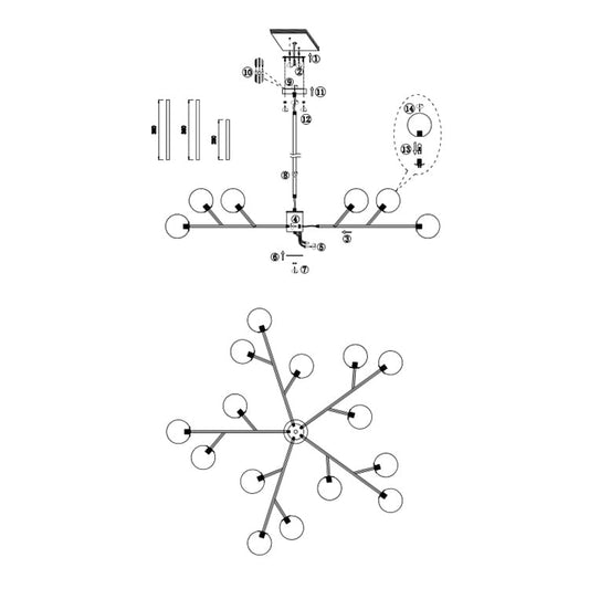 Lustre moderne linéaire Sputnik à 15 lumières pour îlot de cuisine, composé de branches et de globes en verre.