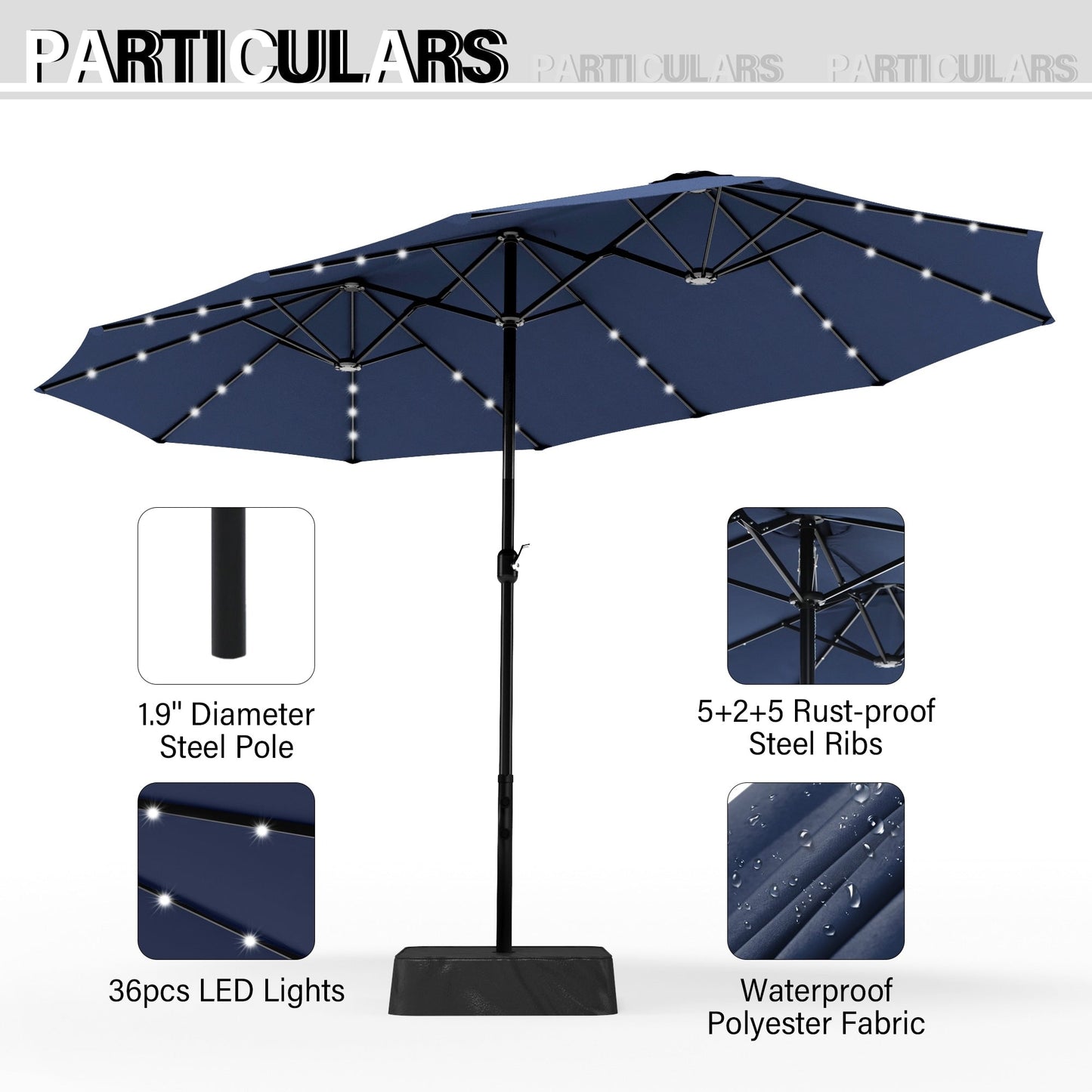 Parasol de marché d'extérieur rectangulaire de 4,57 m (15 pieds) à manivelle, double face, avec éclairage solaire LED et base incluse.