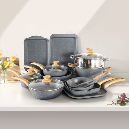 Ensemble de 17 pièces de batterie de cuisine en granit, comprenant casseroles et poêles antiadhésives