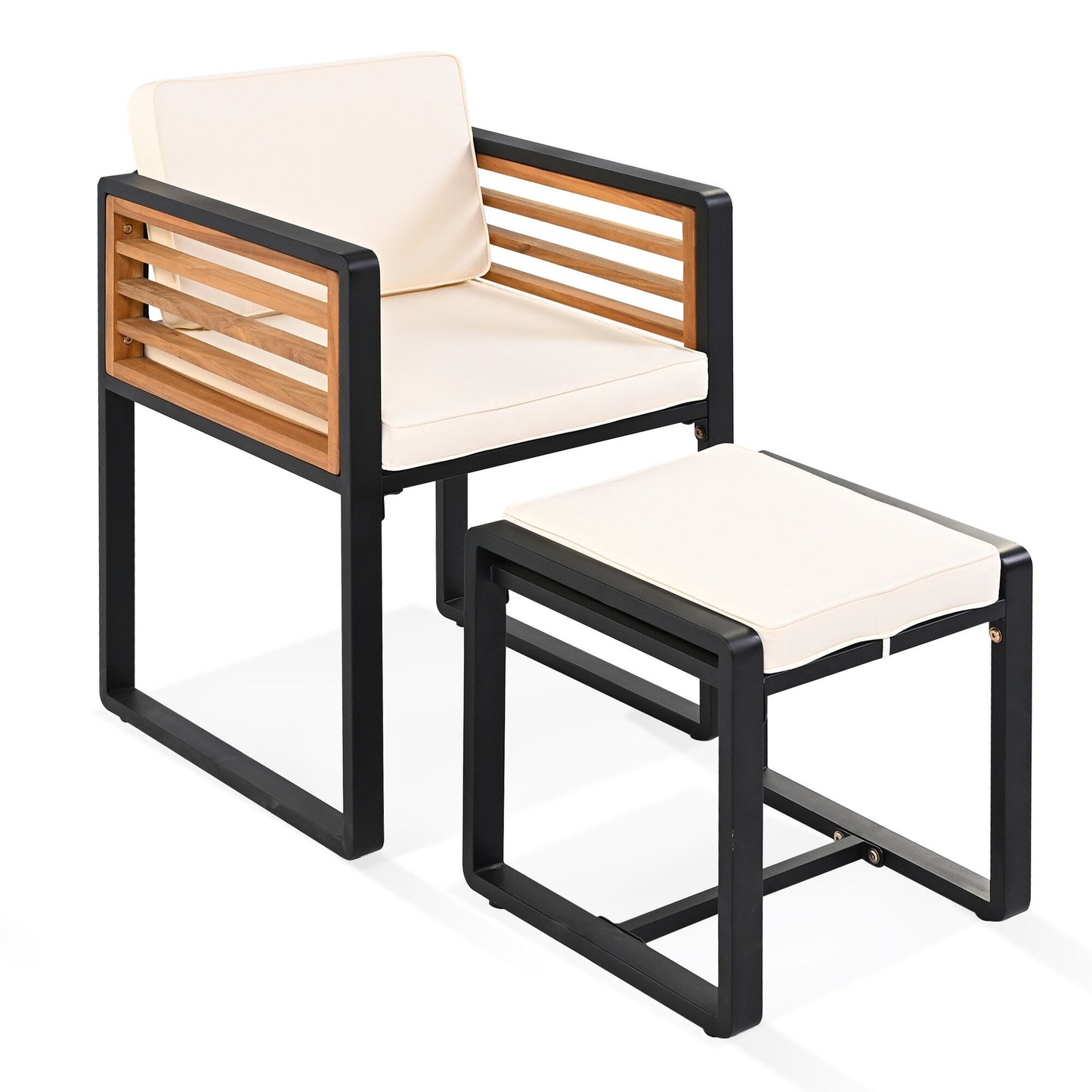 Ensemble de salle à manger de patio en bois d'acacia 18 pièces, comprenant 8 chaises rembourrées, 8 poufs et 2 tables carrées