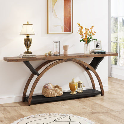 Console allongée et étroite à 2 niveaux avec cadre semi-circulaire pour entrée, table d'appoint grise pour couloir
