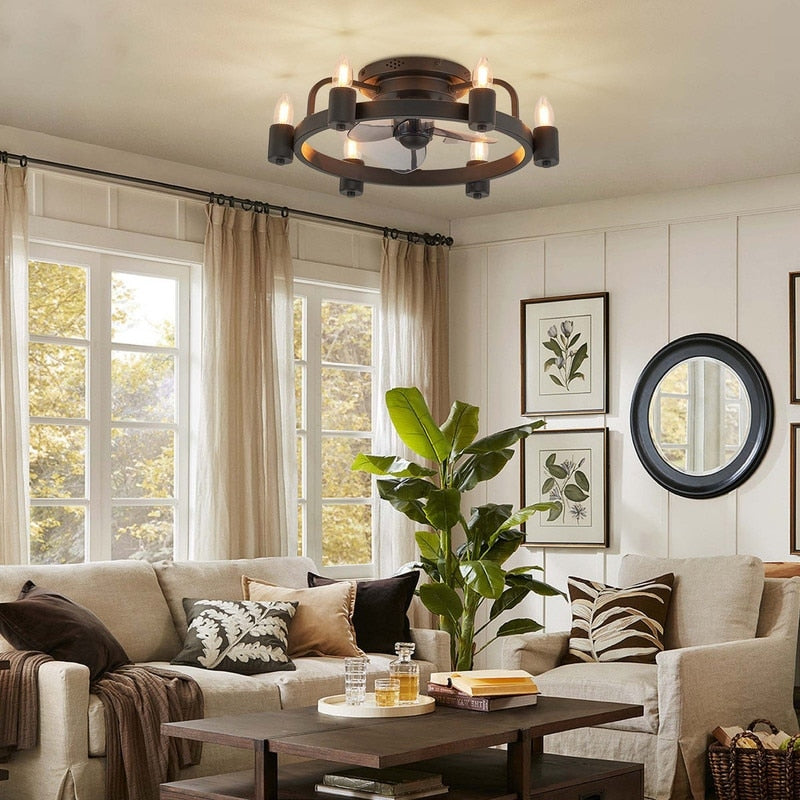 Ventilateur de plafond moderne de style ferme de 50 cm (20 po) avec éclairage LED encastré discret et télécommande pour salon