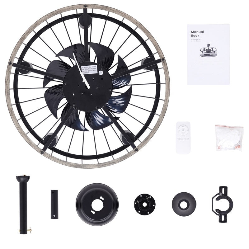 Ventilateur de plafond extra-plat de 50 cm avec éclairage intégré, finition bois style ferme moderne et télécommande.