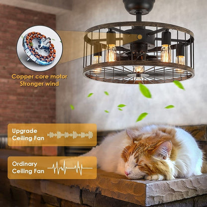 Ventilateur de plafond extra-plat de 50 cm avec éclairage intégré, finition bois style ferme moderne et télécommande.