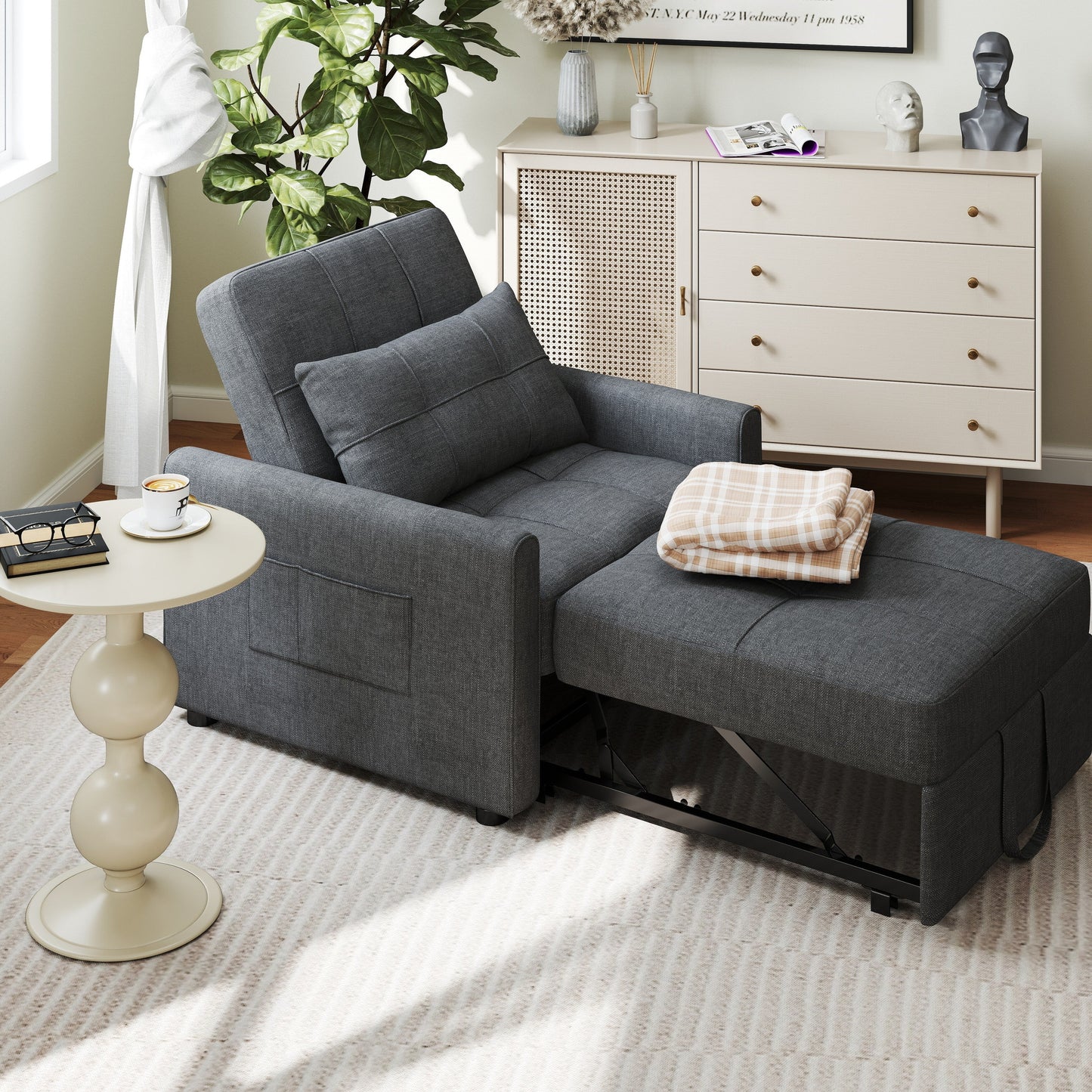 Canapé-lit convertible 3 en 1, avec fauteuil gigogne et lit pliant, idéal pour le salon.