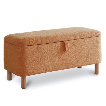 Pouf de rangement en boucle écrue (39,5 cm), en sherpa, avec pieds en bois, idéal pour le salon ou la chambre.