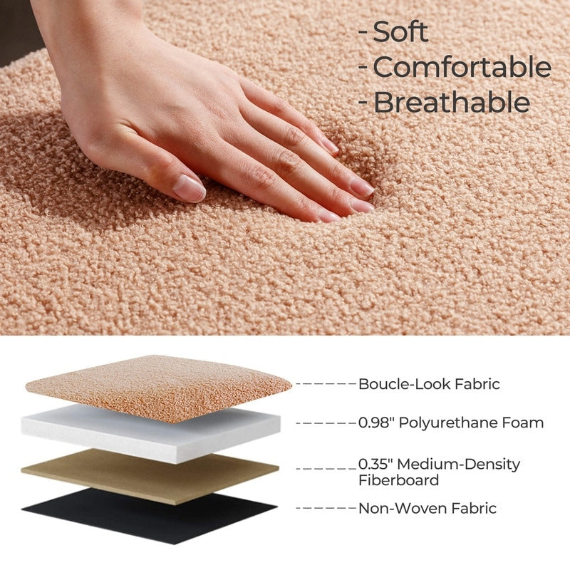 Pouf de rangement en boucle écrue (39,5 cm), en sherpa, avec pieds en bois, idéal pour le salon ou la chambre.