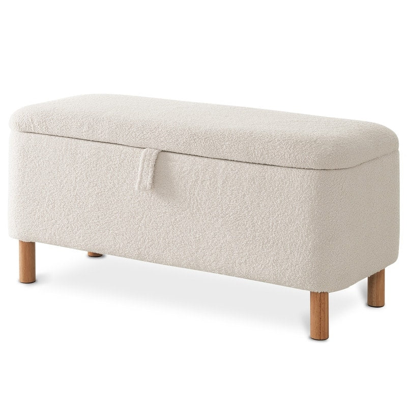 Pouf de rangement en boucle écrue (39,5 cm), en sherpa, avec pieds en bois, idéal pour le salon ou la chambre.