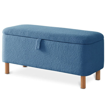 Pouf de rangement en boucle écrue (39,5 cm), en sherpa, avec pieds en bois, idéal pour le salon ou la chambre.