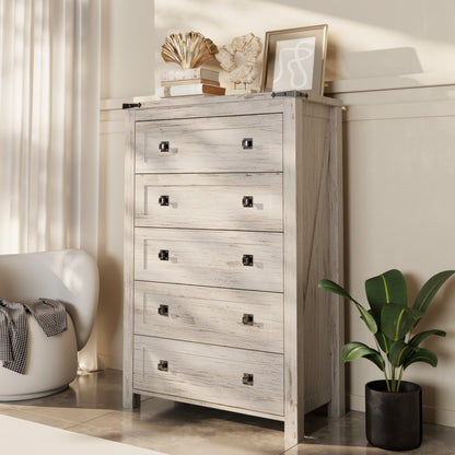 Commode en bois de style campagnard à 5 tiroirs de 48 pouces de haut, idéale pour une chambre à coucher.