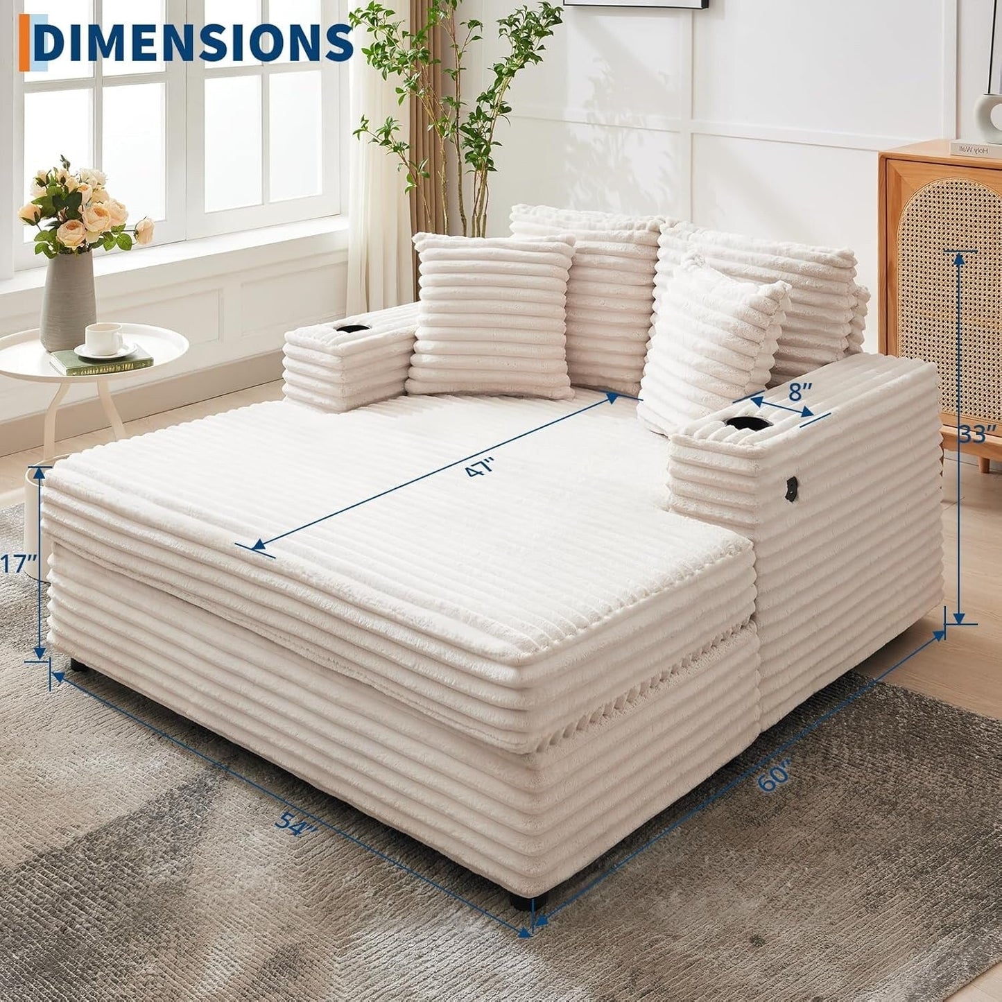 Canapé-lit rembourré de 137 cm avec coussins et accoudoirs, fauteuil de bar surdimensionné d'intérieur, canapé-lit confortable en velours côtelé