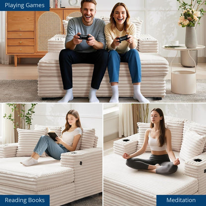 Canapé-lit rembourré de 137 cm avec coussins et accoudoirs, fauteuil de bar surdimensionné d'intérieur, canapé-lit confortable en velours côtelé