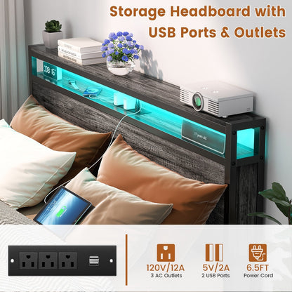 Cadre de lit plateforme en bois de style campagnard avec station de charge et éclairage LED