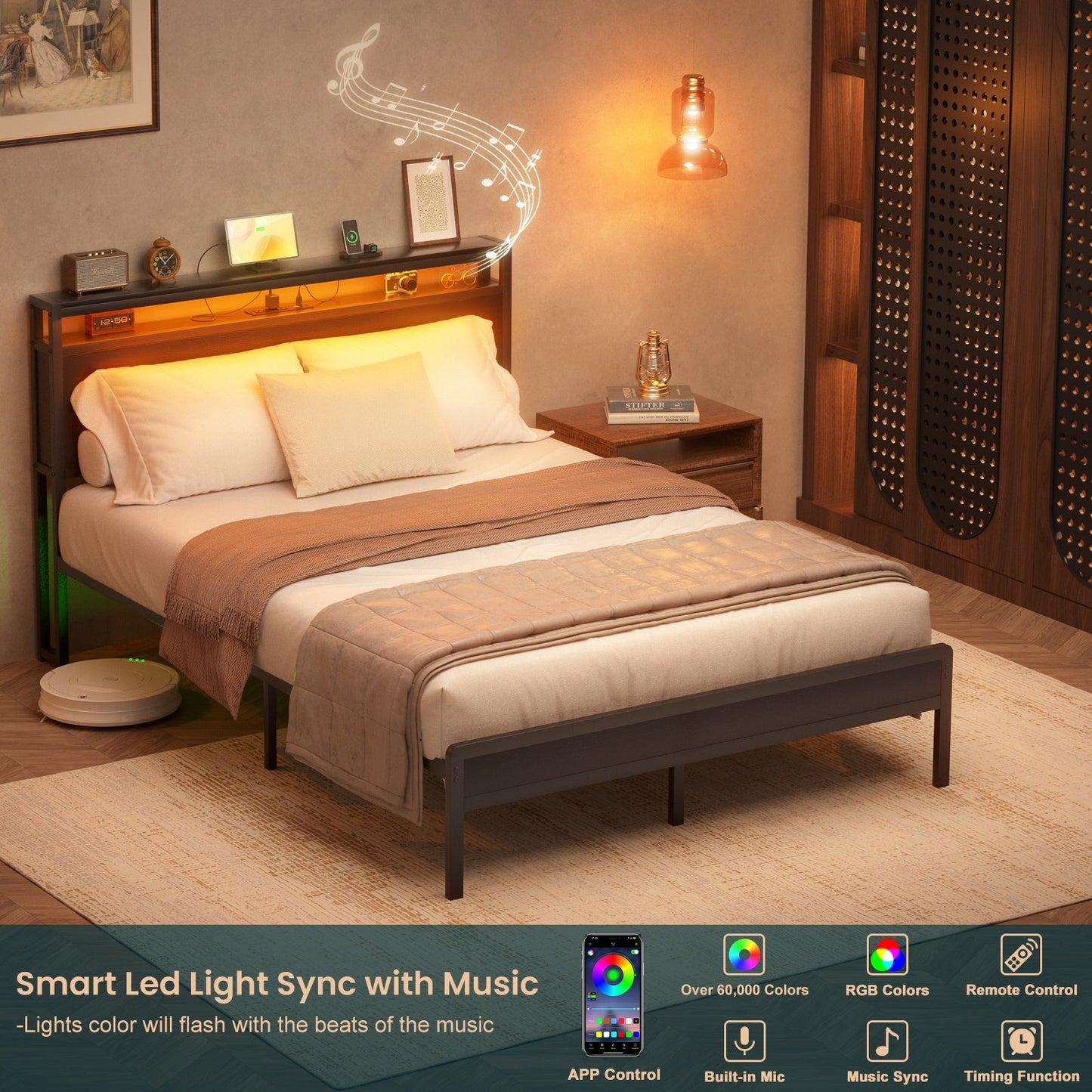 Cadre de lit plateforme en bois de style campagnard avec station de charge et éclairage LED