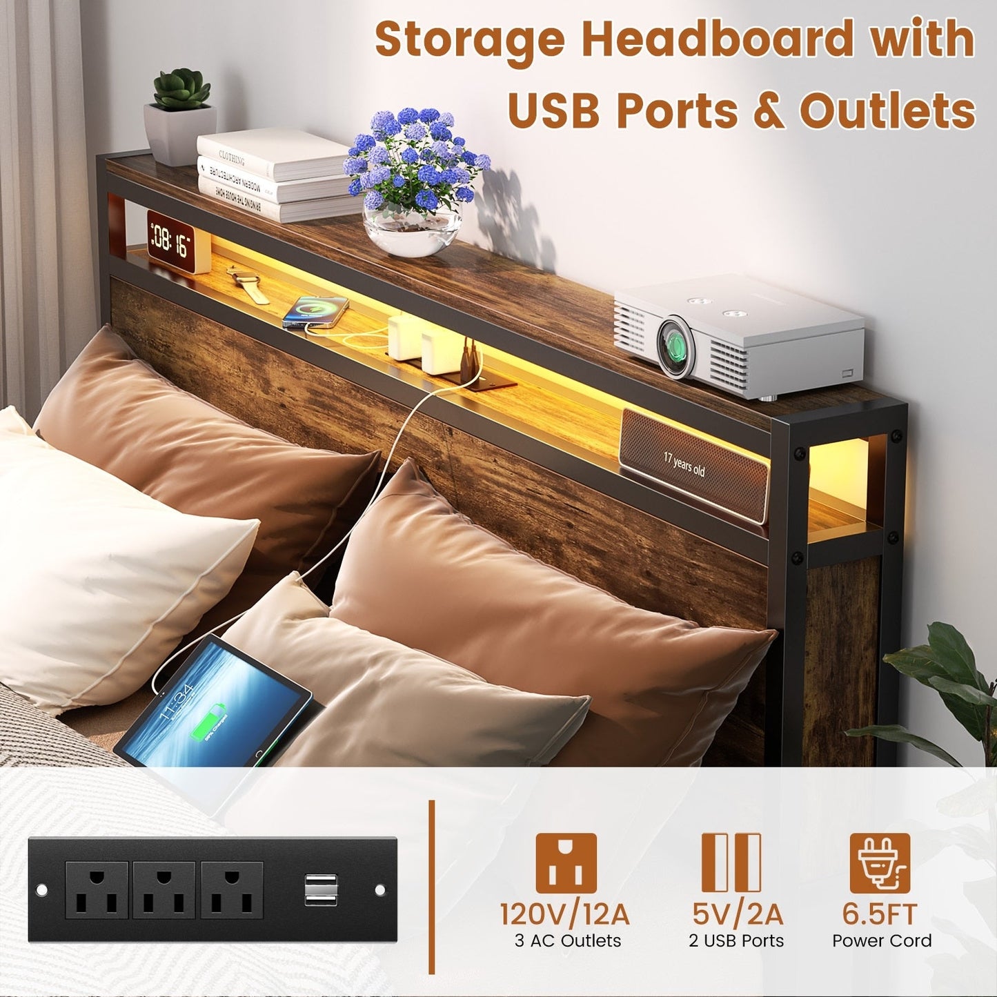 Cadre de lit plateforme en bois de style campagnard avec station de charge et éclairage LED