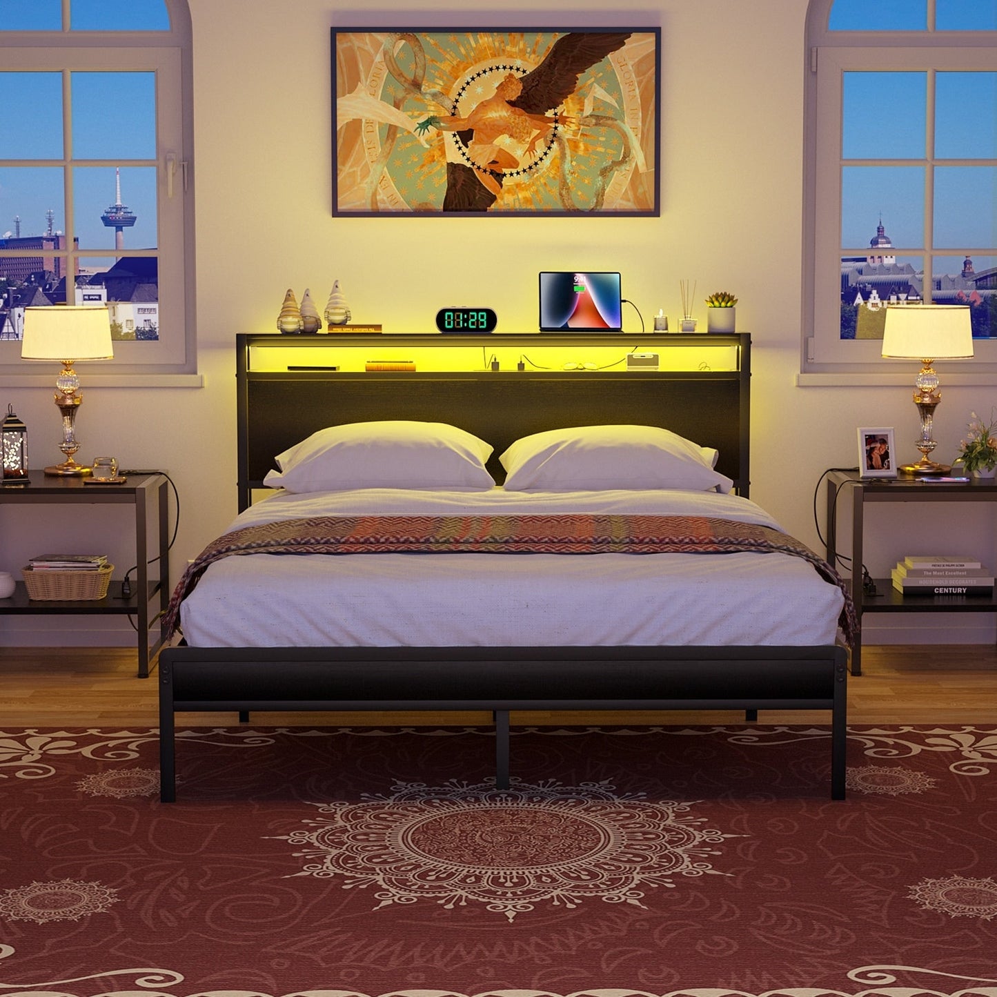 Cadre de lit plateforme en bois de style campagnard avec station de charge et éclairage LED