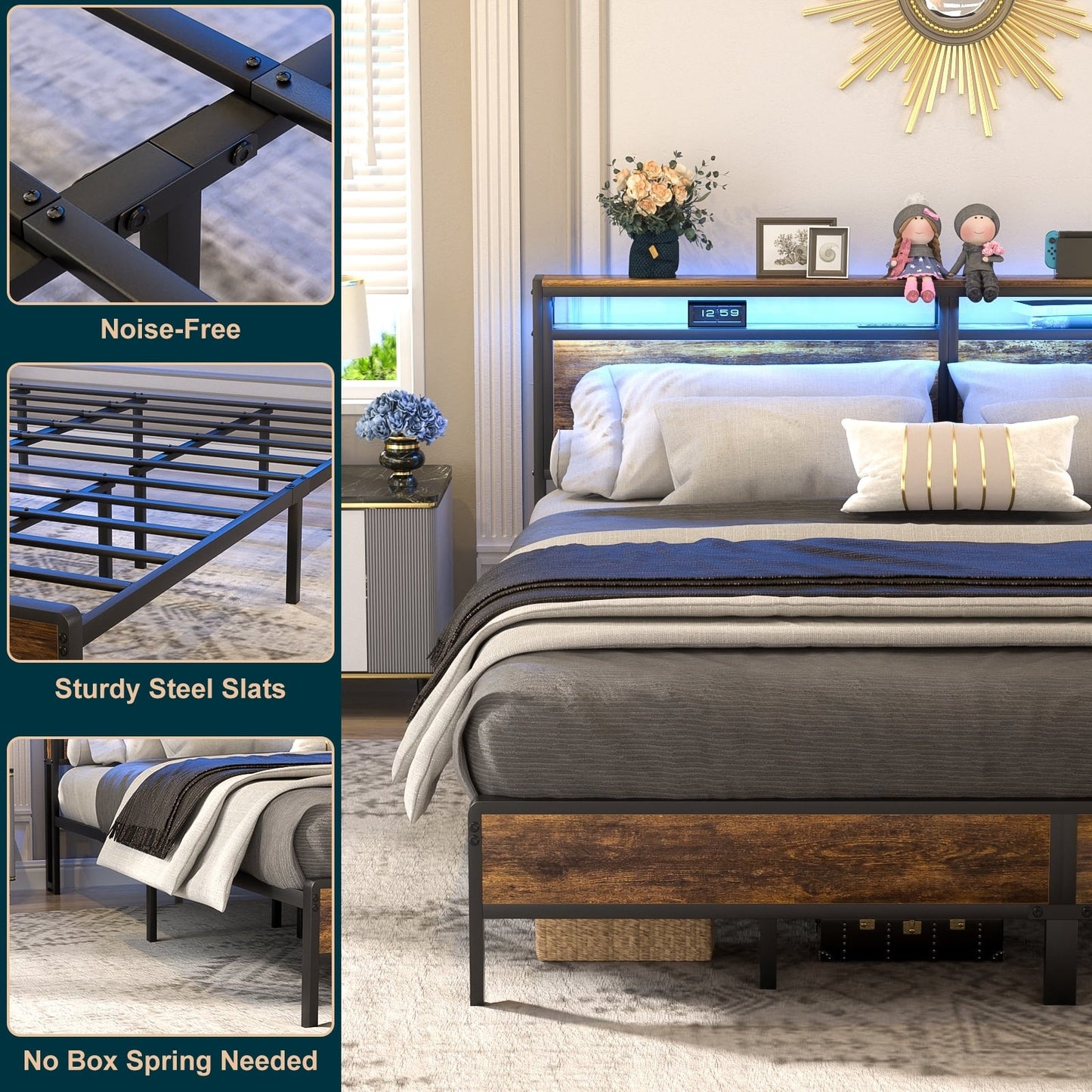 Cadre de lit plateforme en bois de style campagnard avec station de charge et éclairage LED