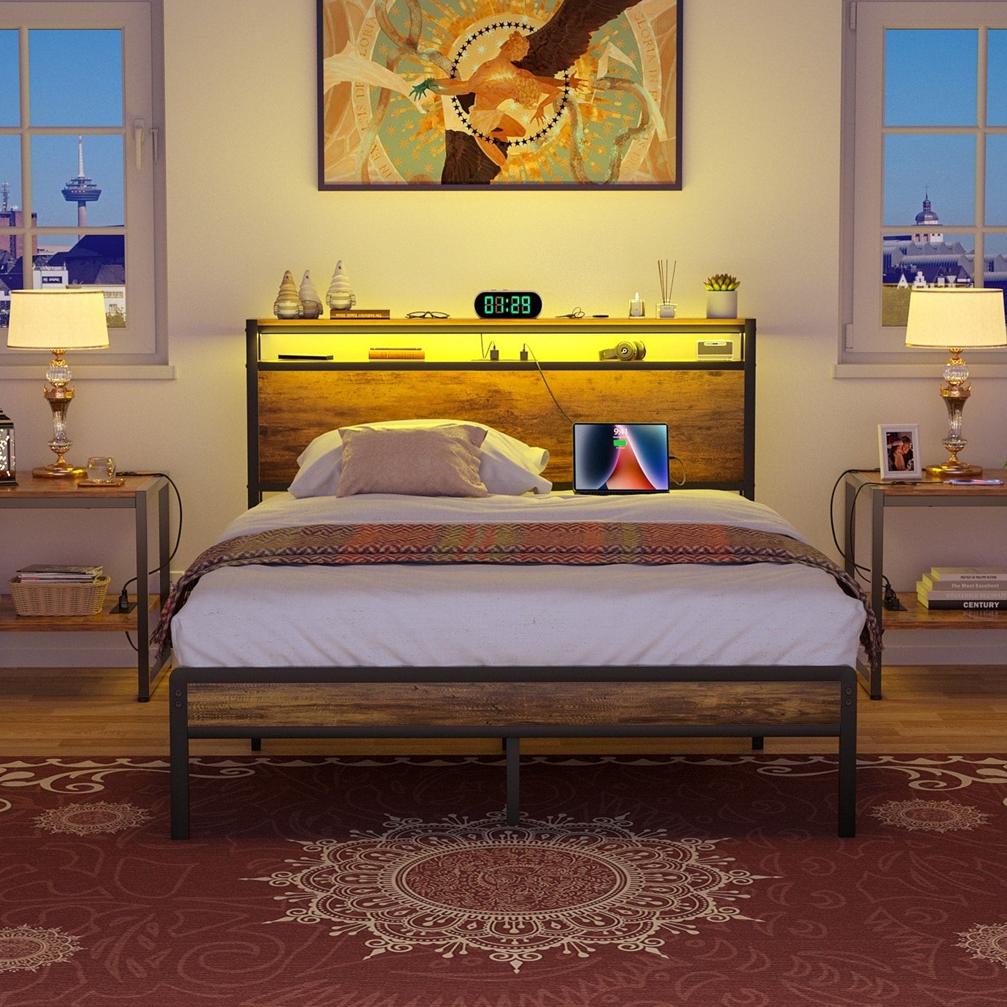 Cadre de lit plateforme en bois de style campagnard avec station de charge et éclairage LED