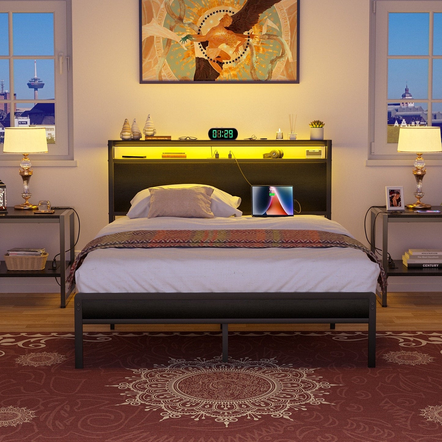 Cadre de lit plateforme en bois de style campagnard avec station de charge et éclairage LED