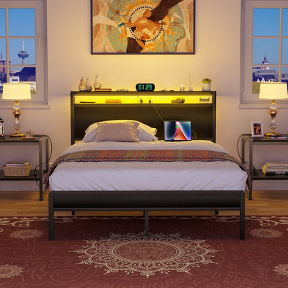 Cadre de lit plateforme en bois de style campagnard avec station de charge et éclairage LED