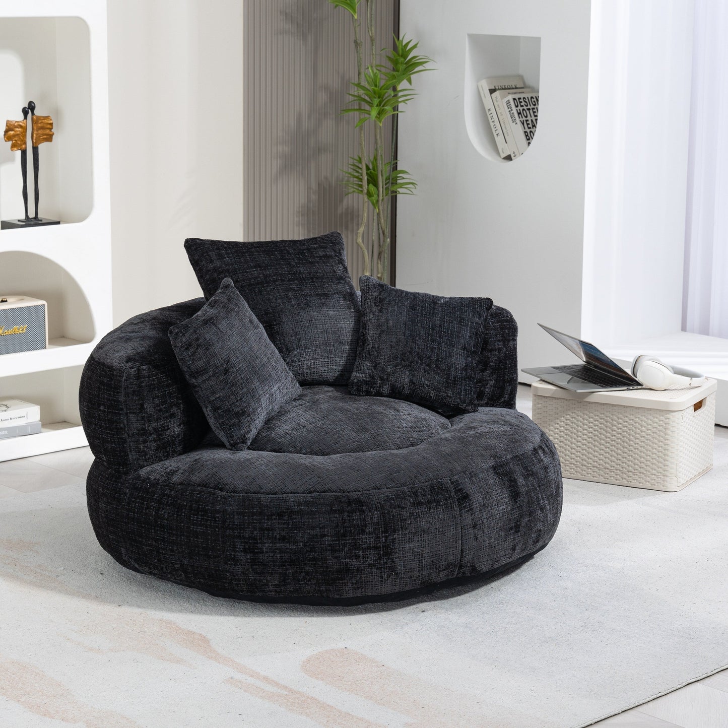 Pouf poire géant noir surdimensionné en chenille de 42,52 pouces avec trois coussins pour chambre à coucher