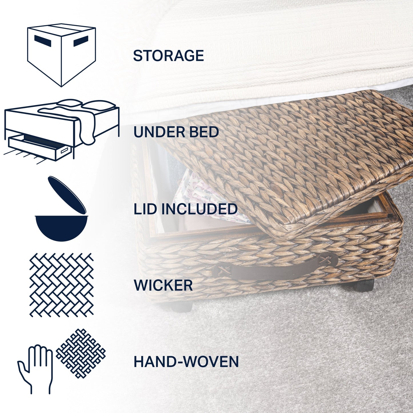 Bac de rangement sous lit en jacinthe/bois avec roulettes et poignées happimess