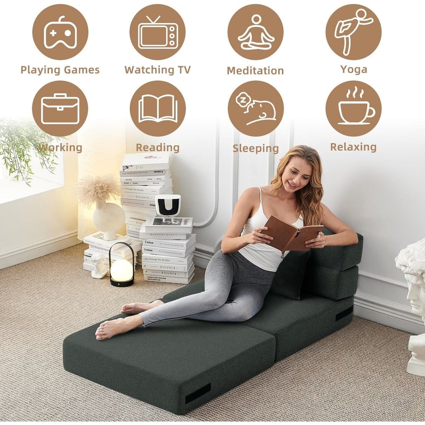 Canapé-lit convertible pliant - Fauteuil-lit moderne en lin avec oreiller et matelas pliable pour salon/chambre d'étudiant/chambre d'amis