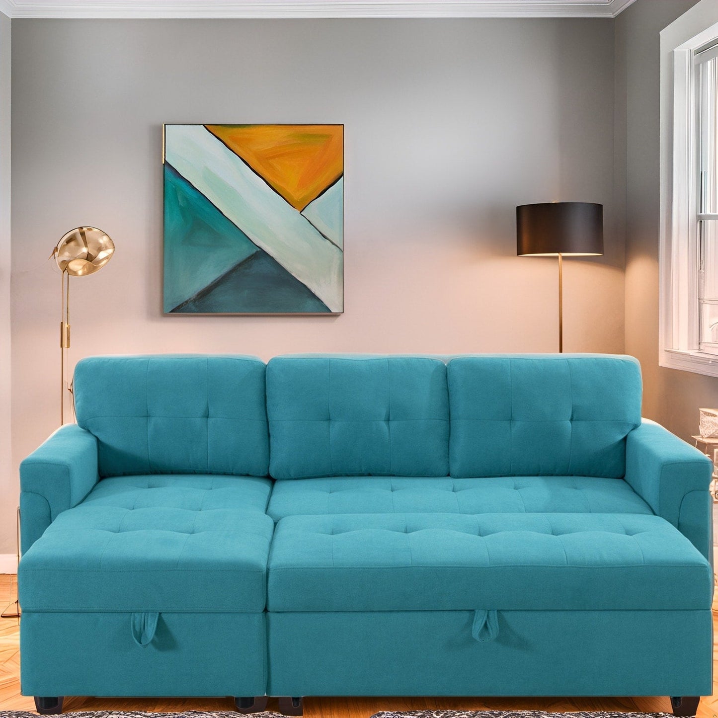 Canapé d'angle convertible et réversible avec lit gigogne, méridienne de rangement dissimulée et pieds robustes.