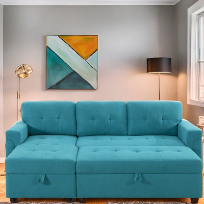 Canapé d'angle convertible et réversible avec lit gigogne, méridienne de rangement dissimulée et pieds robustes.