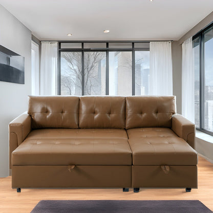 Canapé d'angle convertible et réversible avec lit gigogne, méridienne de rangement dissimulée et pieds robustes.