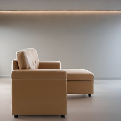 Canapé d'angle convertible et réversible avec lit gigogne, méridienne de rangement dissimulée et pieds robustes.