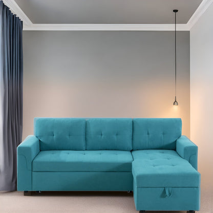 Canapé d'angle convertible et réversible avec lit gigogne, méridienne de rangement dissimulée et pieds robustes.