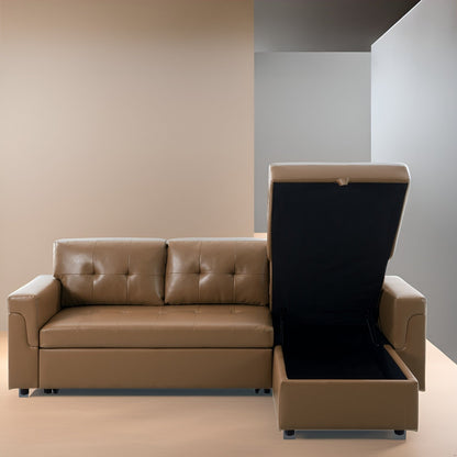 Canapé d'angle convertible et réversible avec lit gigogne, méridienne de rangement dissimulée et pieds robustes.