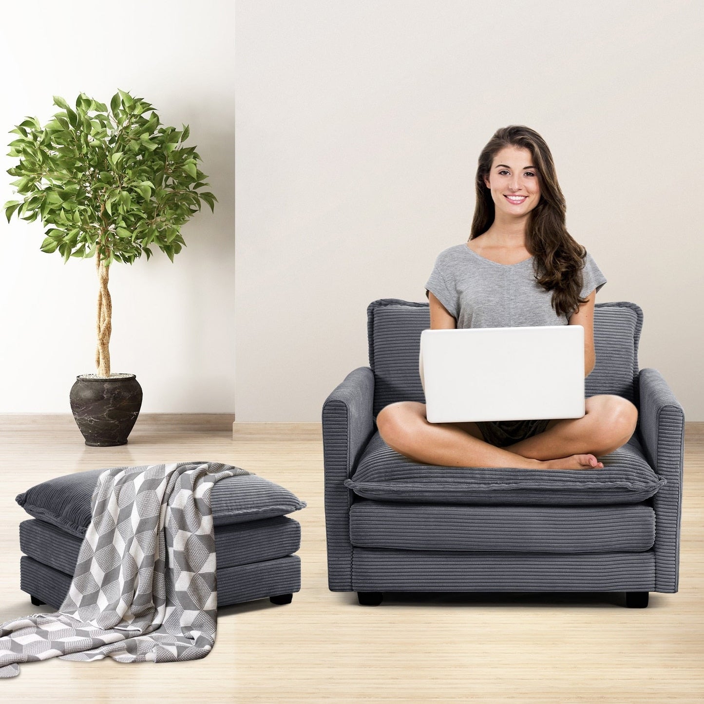 Canapé d'angle en velours côtelé avec poufs amovibles et coussins ultra-doux pour salon et chambre