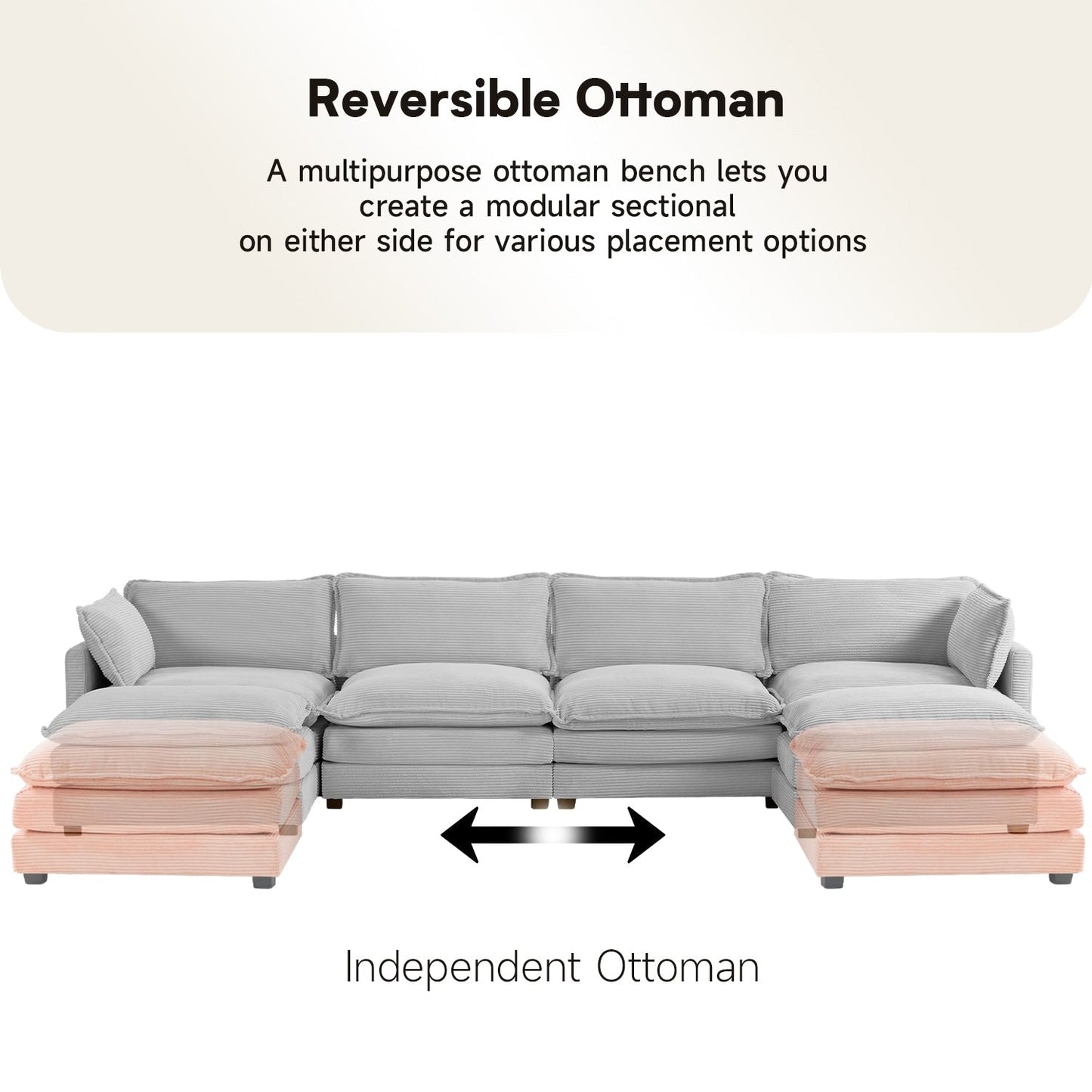 Canapé d'angle en velours côtelé avec poufs amovibles et coussins ultra-doux pour salon et chambre