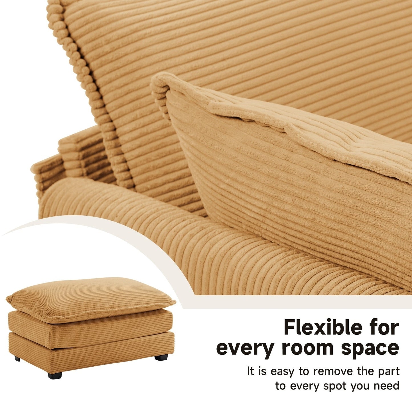 Canapé d'angle en velours côtelé avec poufs amovibles et coussins ultra-doux pour salon et chambre