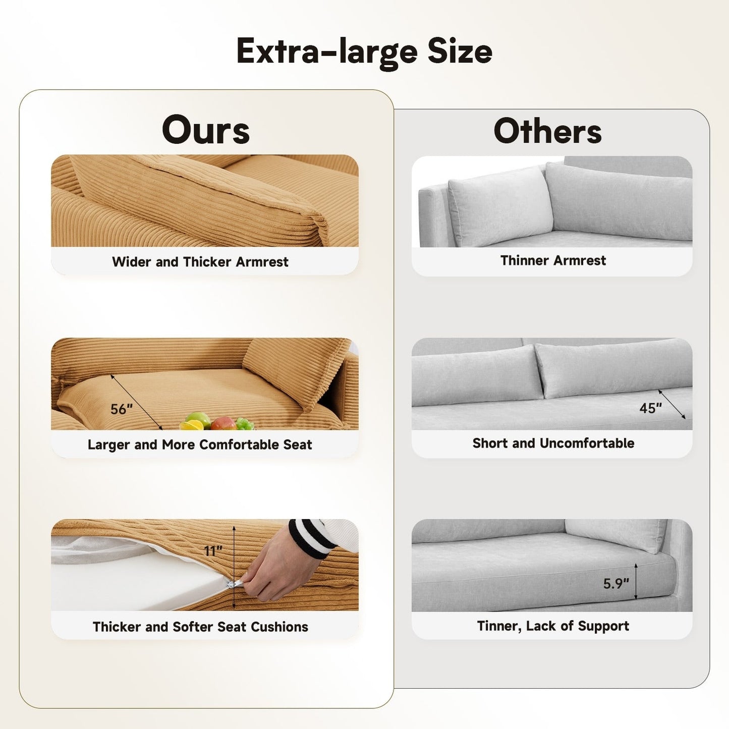 Canapé d'angle en velours côtelé avec poufs amovibles et coussins ultra-doux pour salon et chambre