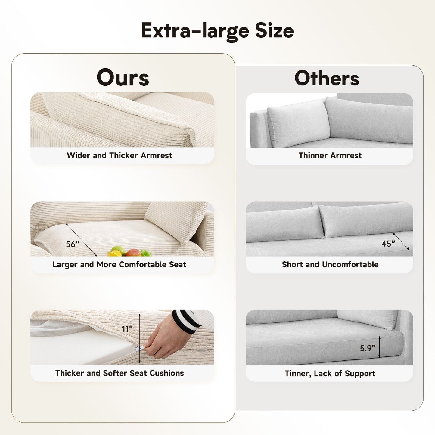 Canapé d'angle en velours côtelé avec poufs amovibles et coussins ultra-doux pour salon et chambre