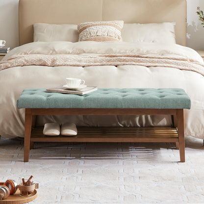 Banc à chaussures d'entrée avec rangement, revêtement en tissu et bois massif, 109 cm (43 pouces), banquette rembourrée pour salon et chambres