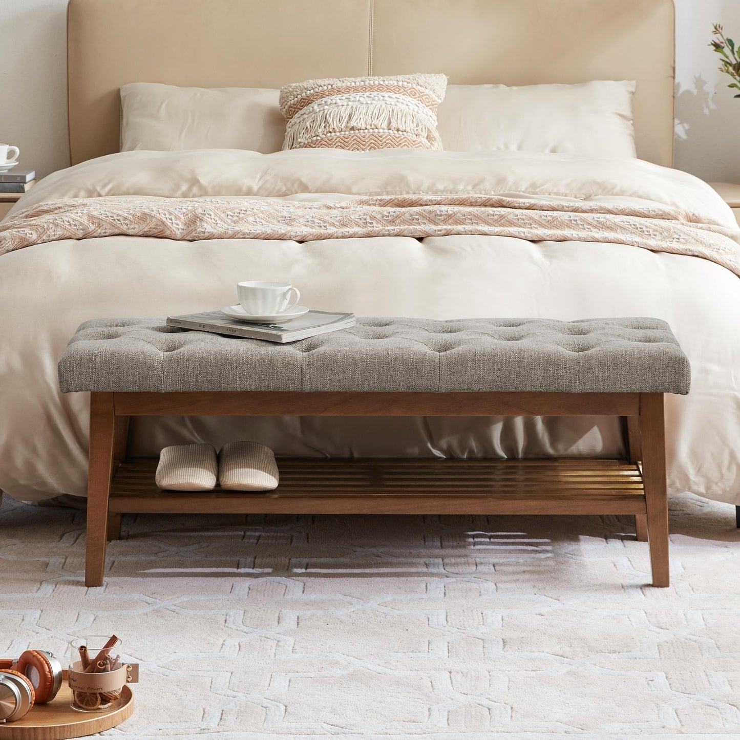 Banc à chaussures d'entrée avec rangement, revêtement en tissu et bois massif, 109 cm (43 pouces), banquette rembourrée pour salon et chambres