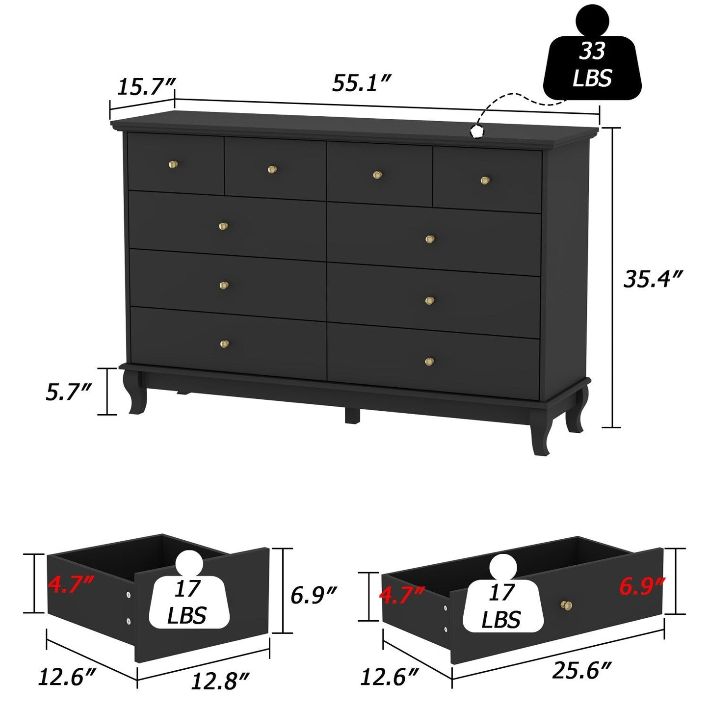 Commode double à 10 tiroirs pour chambre à coucher, blanche, grand espace de rangement