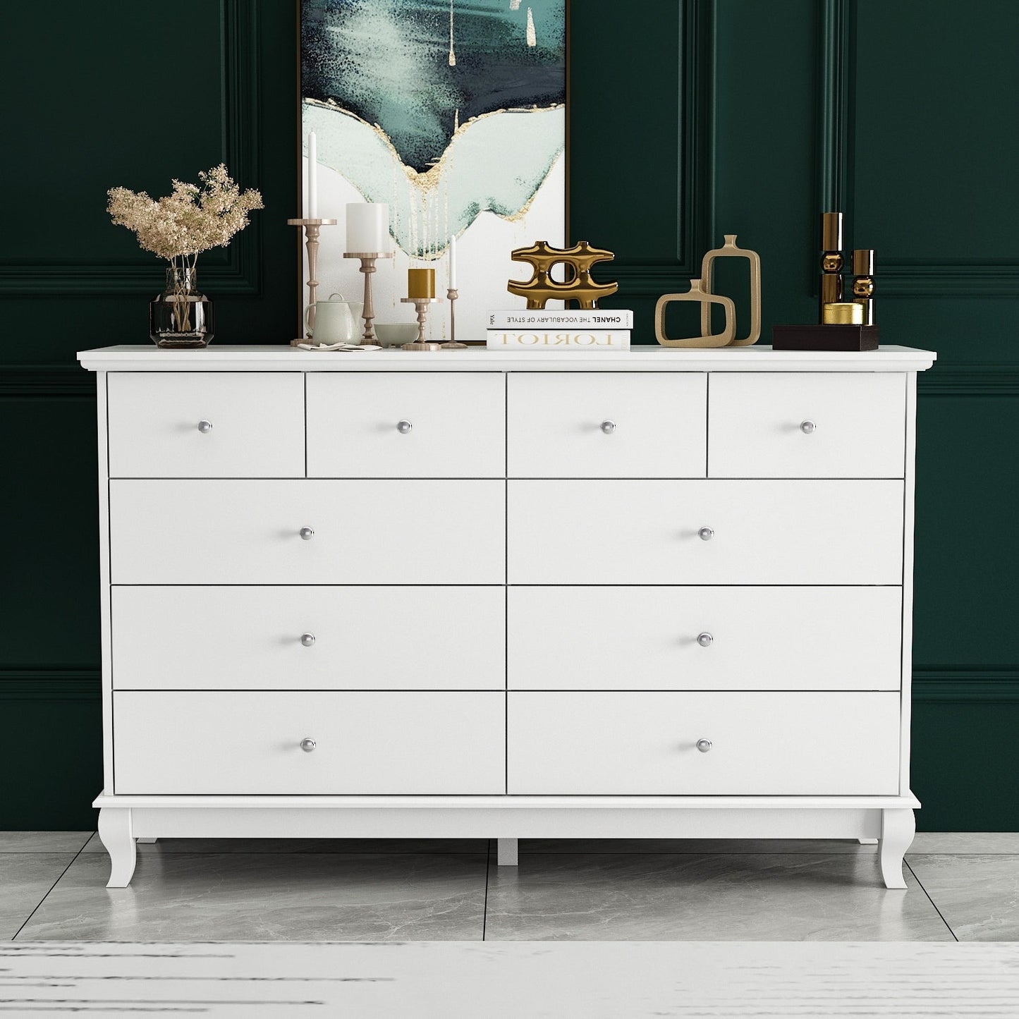 Commode double à 10 tiroirs pour chambre à coucher, blanche, grand espace de rangement