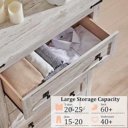 Commode en bois de style campagnard à 5 tiroirs de 48 pouces de haut, idéale pour une chambre à coucher.